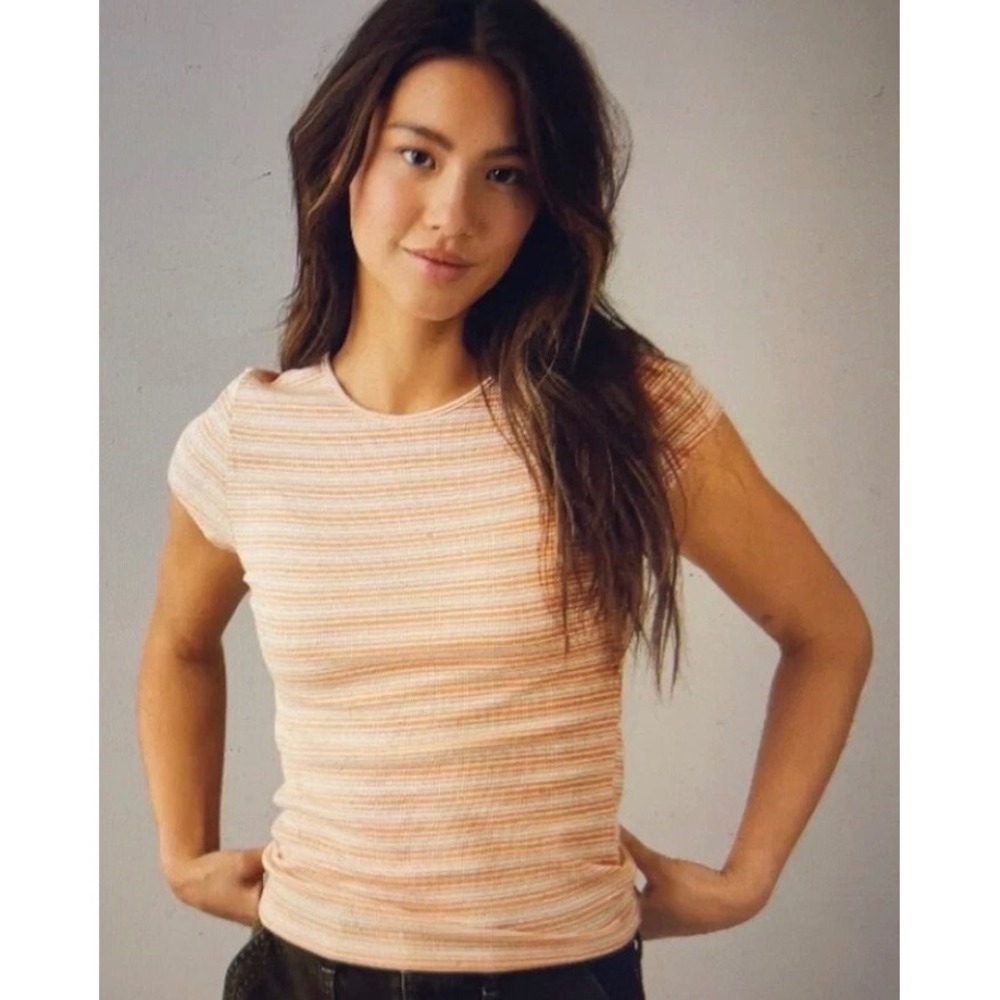American Eagle sz XL Womens orange Striped Soft Stretchy Tshirt Top Casual Cute